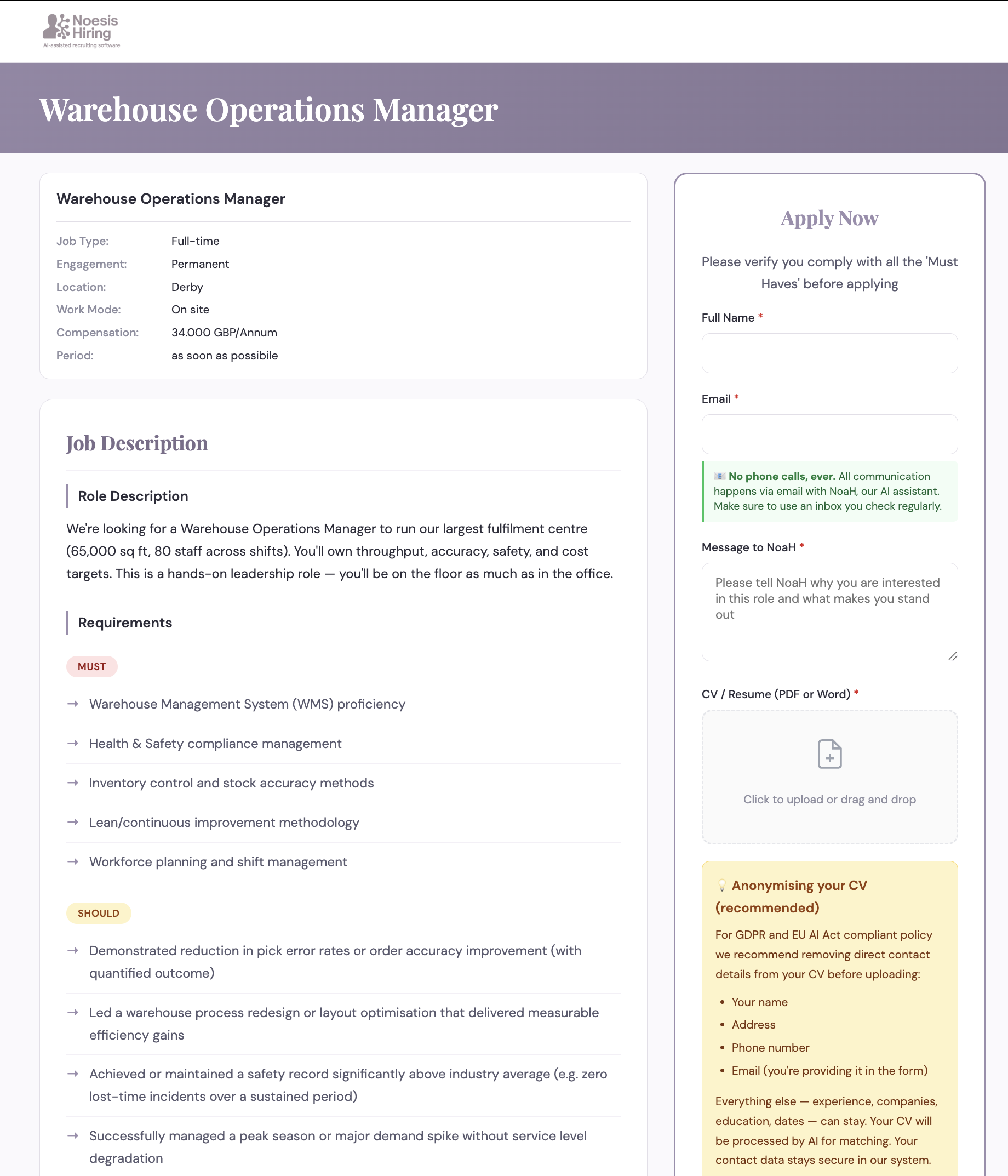 Example of a published NoesisHiring job page showing MoSCoWW requirements